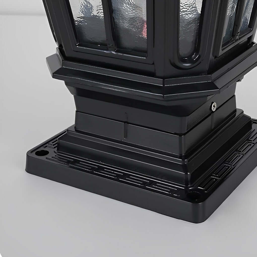Retro Pavilion-Style Outdoor Pillar Light — Die-Cast Aluminum & Glass, Solar / Hardwired, IP65, Dusk-to-Dawn, Black or Bronze