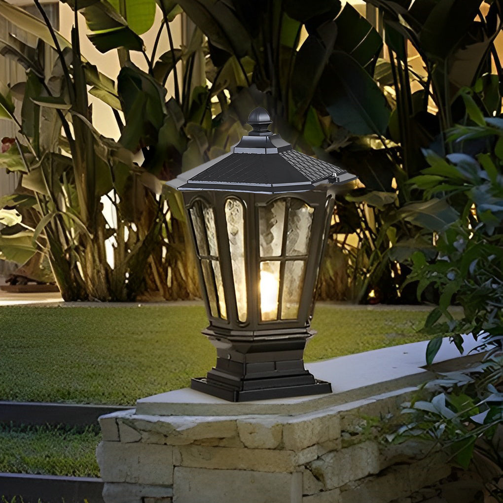 Retro Pavilion-Style Outdoor Pillar Light — Die-Cast Aluminum & Glass, Solar / Hardwired, IP65, Dusk-to-Dawn, Black or Bronze