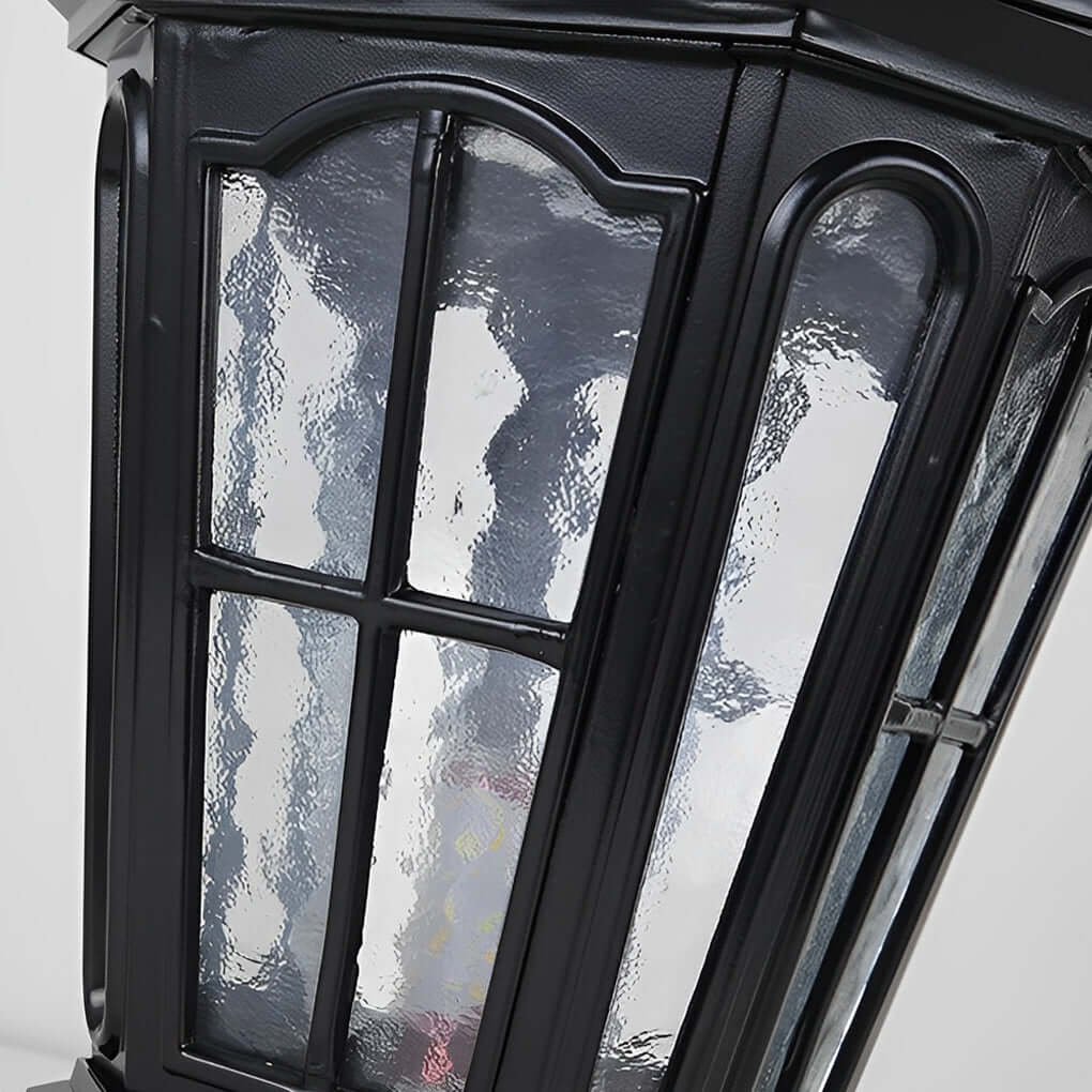 Retro Pavilion-Style Outdoor Pillar Light — Die-Cast Aluminum & Glass, Solar / Hardwired, IP65, Dusk-to-Dawn, Black or Bronze