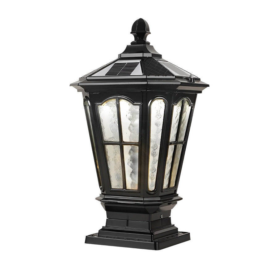 Retro Pavilion-Style Outdoor Pillar Light — Die-Cast Aluminum & Glass, Solar / Hardwired, IP65, Dusk-to-Dawn, Black or Bronze