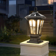 Retro Pavilion-Style Outdoor Pillar Light — Die-Cast Aluminum & Glass, Solar / Hardwired, IP65, Dusk-to-Dawn, Black or Bronze