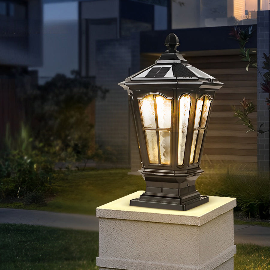 Retro Pavilion-Style Outdoor Pillar Light — Die-Cast Aluminum & Glass, Solar / Hardwired, IP65, Dusk-to-Dawn, Black or Bronze