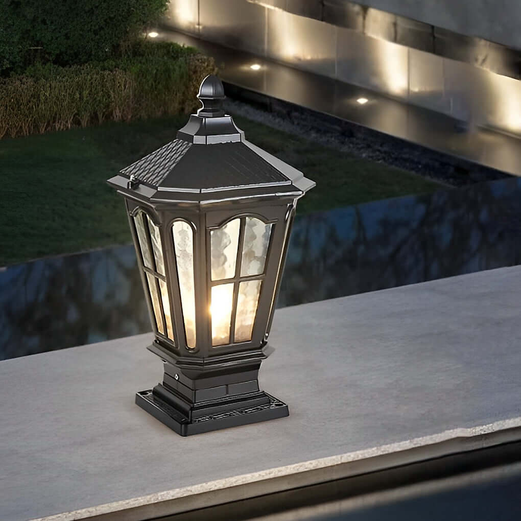 Retro Pavilion-Style Outdoor Pillar Light — Die-Cast Aluminum & Glass, Solar / Hardwired, IP65, Dusk-to-Dawn, Black or Bronze