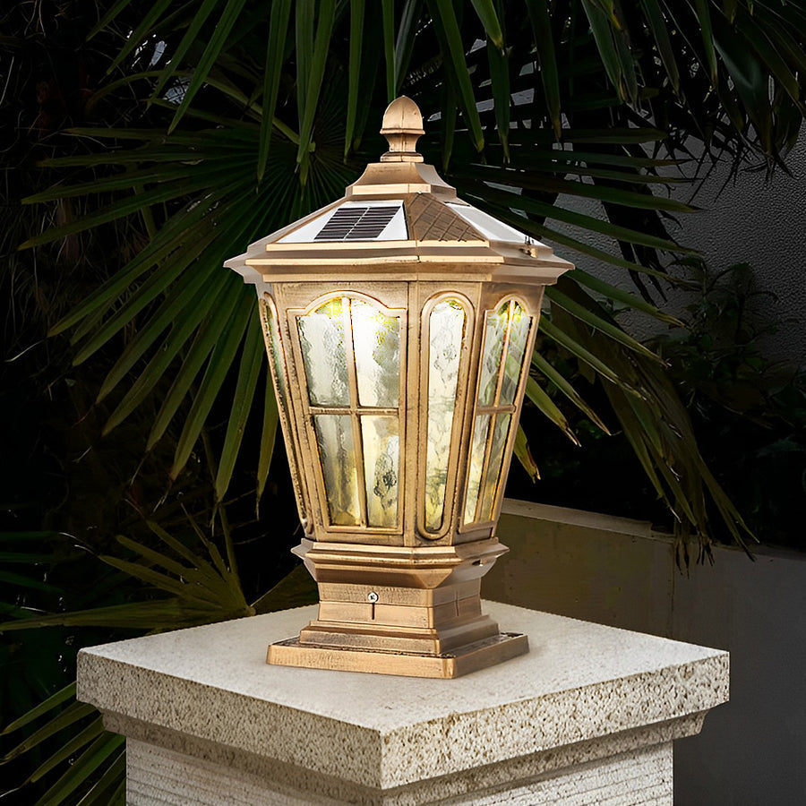 Retro Pavilion-Style Outdoor Pillar Light — Die-Cast Aluminum & Glass, Solar / Hardwired, IP65, Dusk-to-Dawn, Black or Bronze