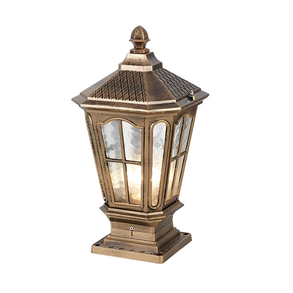 Retro Pavilion-Style Outdoor Pillar Light — Die-Cast Aluminum & Glass, Solar / Hardwired, IP65, Dusk-to-Dawn, Black or Bronze