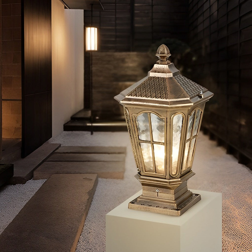 Retro Pavilion-Style Outdoor Pillar Light — Die-Cast Aluminum & Glass, Solar / Hardwired, IP65, Dusk-to-Dawn, Black or Bronze