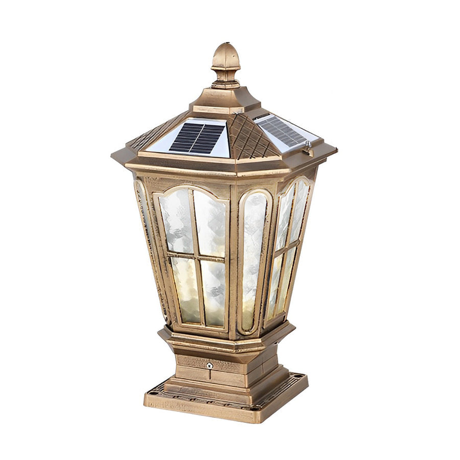 Retro Pavilion-Style Outdoor Pillar Light — Die-Cast Aluminum & Glass, Solar / Hardwired, IP65, Dusk-to-Dawn, Black or Bronze