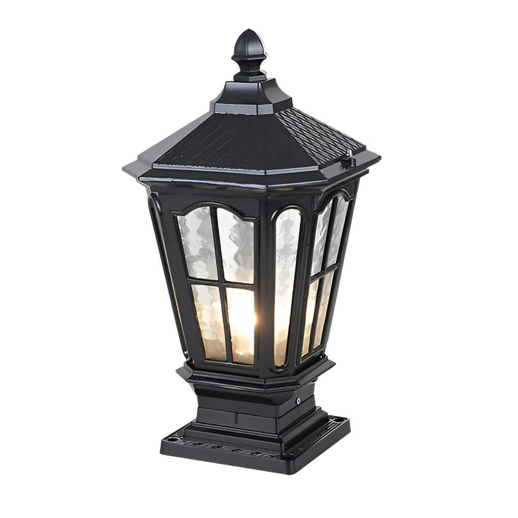 Retro Pavilion-Style Outdoor Pillar Light — Die-Cast Aluminum & Glass, Solar / Hardwired, IP65, Dusk-to-Dawn, Black or Bronze