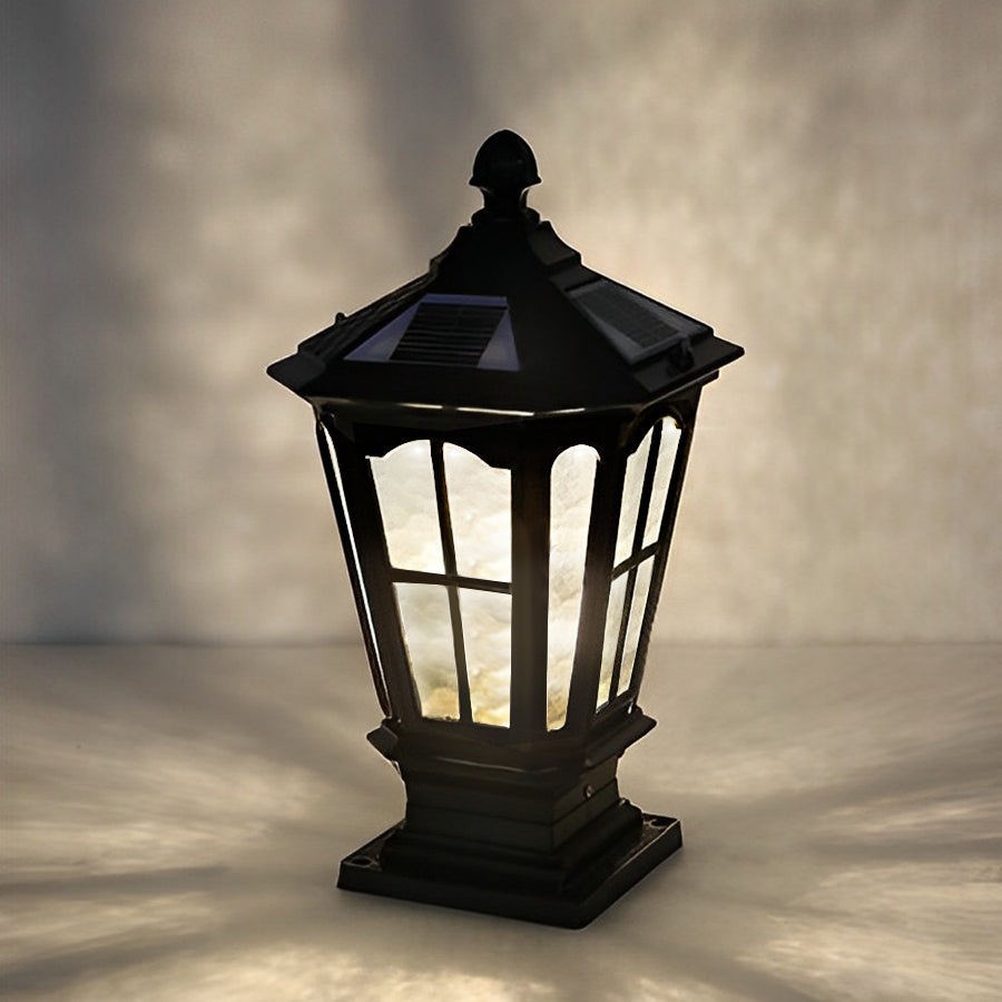 Retro Pavilion-Style Outdoor Pillar Light — Die-Cast Aluminum & Glass, Solar / Hardwired, IP65, Dusk-to-Dawn, Black or Bronze