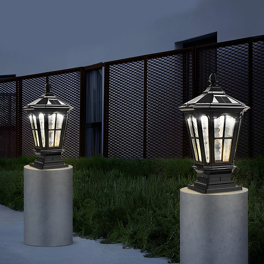 Retro Pavilion-Style Outdoor Pillar Light — Die-Cast Aluminum & Glass, Solar / Hardwired, IP65, Dusk-to-Dawn, Black or Bronze