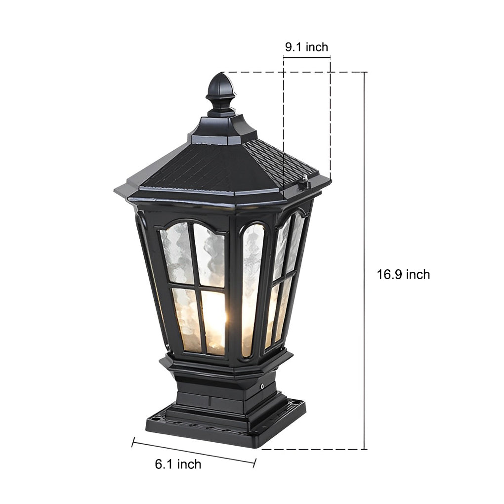 Retro Pavilion-Style Outdoor Pillar Light — Die-Cast Aluminum & Glass, Solar / Hardwired, IP65, Dusk-to-Dawn, Black or Bronze