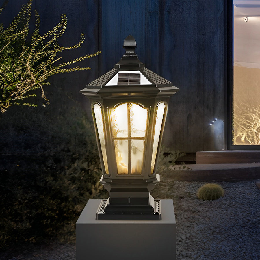Retro Pavilion-Style Outdoor Pillar Light — Die-Cast Aluminum & Glass, Solar / Hardwired, IP65, Dusk-to-Dawn, Black or Bronze