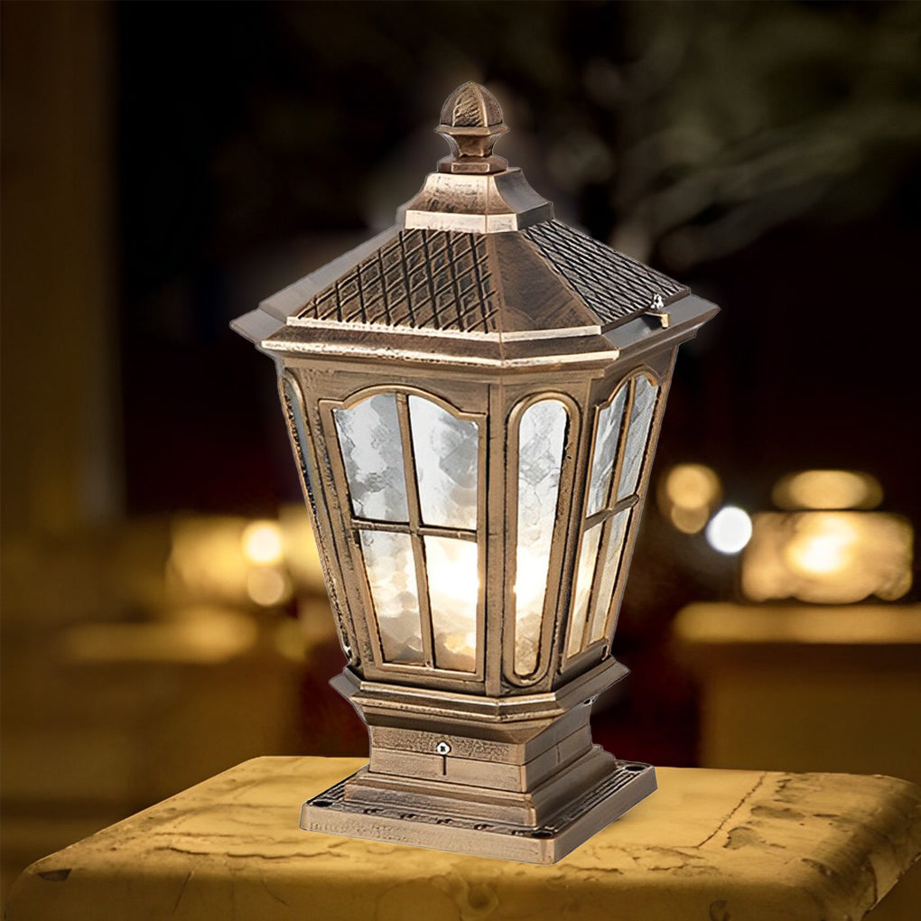 Retro Pavilion-Style Outdoor Pillar Light — Die-Cast Aluminum & Glass, Solar / Hardwired, IP65, Dusk-to-Dawn, Black or Bronze