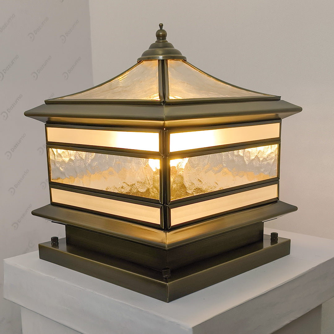 Retro Lantern Stone Pillar Solar Light — Copper & Glass, Dual Solar/Hardwired, IP54, E27, 3-Step Dimming