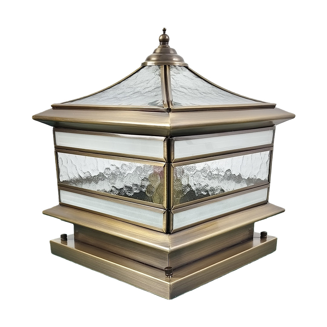 Retro Lantern Stone Pillar Solar Light — Copper & Glass, Dual Solar/Hardwired, IP54, E27, 3-Step Dimming