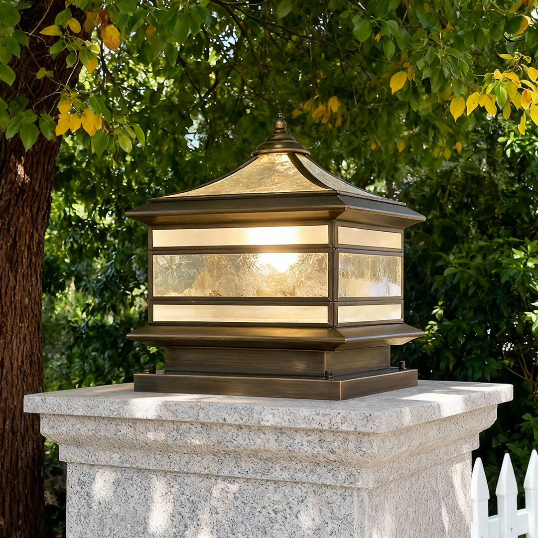 Retro Lantern Stone Pillar Solar Light — Copper & Glass, Dual Solar/Hardwired, IP54, E27, 3-Step Dimming