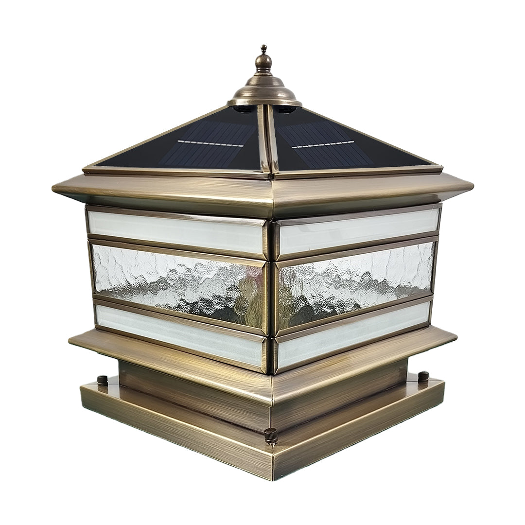 Retro Lantern Stone Pillar Solar Light — Copper & Glass, Dual Solar/Hardwired, IP54, E27, 3-Step Dimming