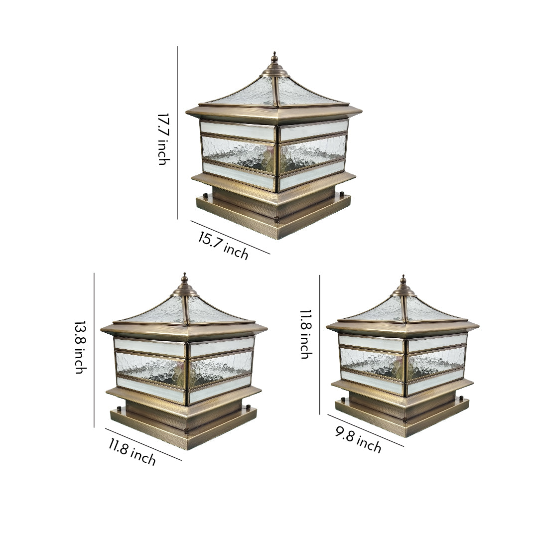 Retro Lantern Stone Pillar Solar Light — Copper & Glass, Dual Solar/Hardwired, IP54, E27, 3-Step Dimming