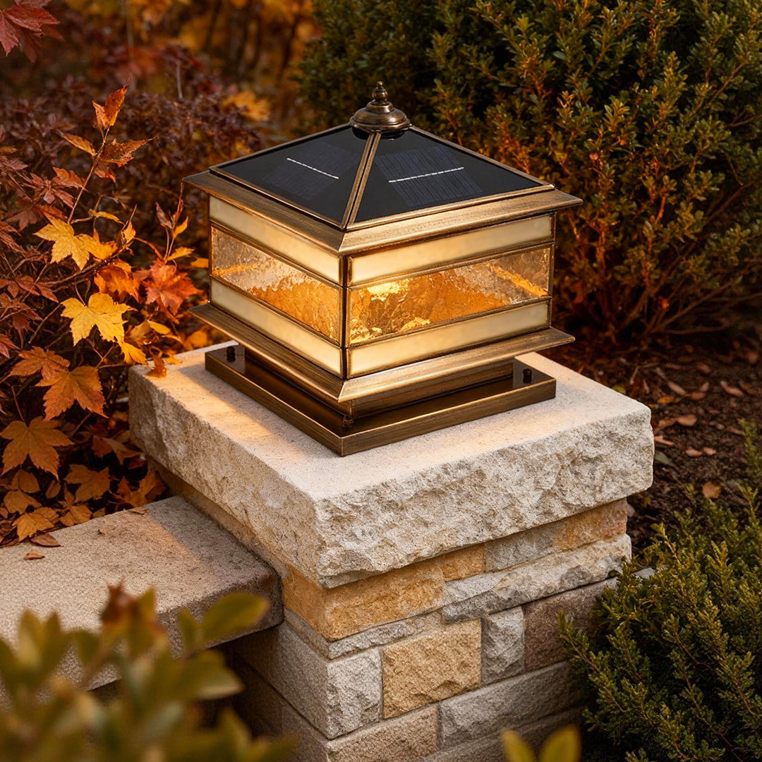 Retro Lantern Stone Pillar Solar Light — Copper & Glass, Dual Solar/Hardwired, IP54, E27, 3-Step Dimming