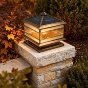Retro Lantern Stone Pillar Solar Light — Copper & Glass, Dual Solar/Hardwired, IP54, E27, 3-Step Dimming