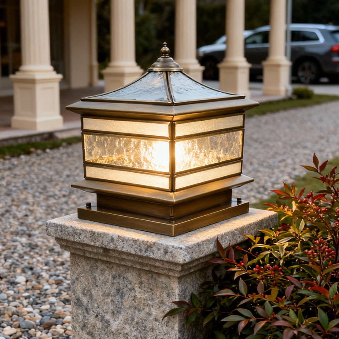 Retro Lantern Stone Pillar Solar Light — Copper & Glass, Dual Solar/Hardwired, IP54, E27, 3-Step Dimming