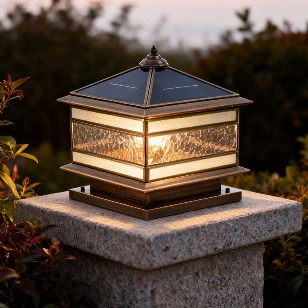 Retro Lantern Stone Pillar Solar Light — Copper & Glass, Dual Solar/Hardwired, IP54, E27, 3-Step Dimming