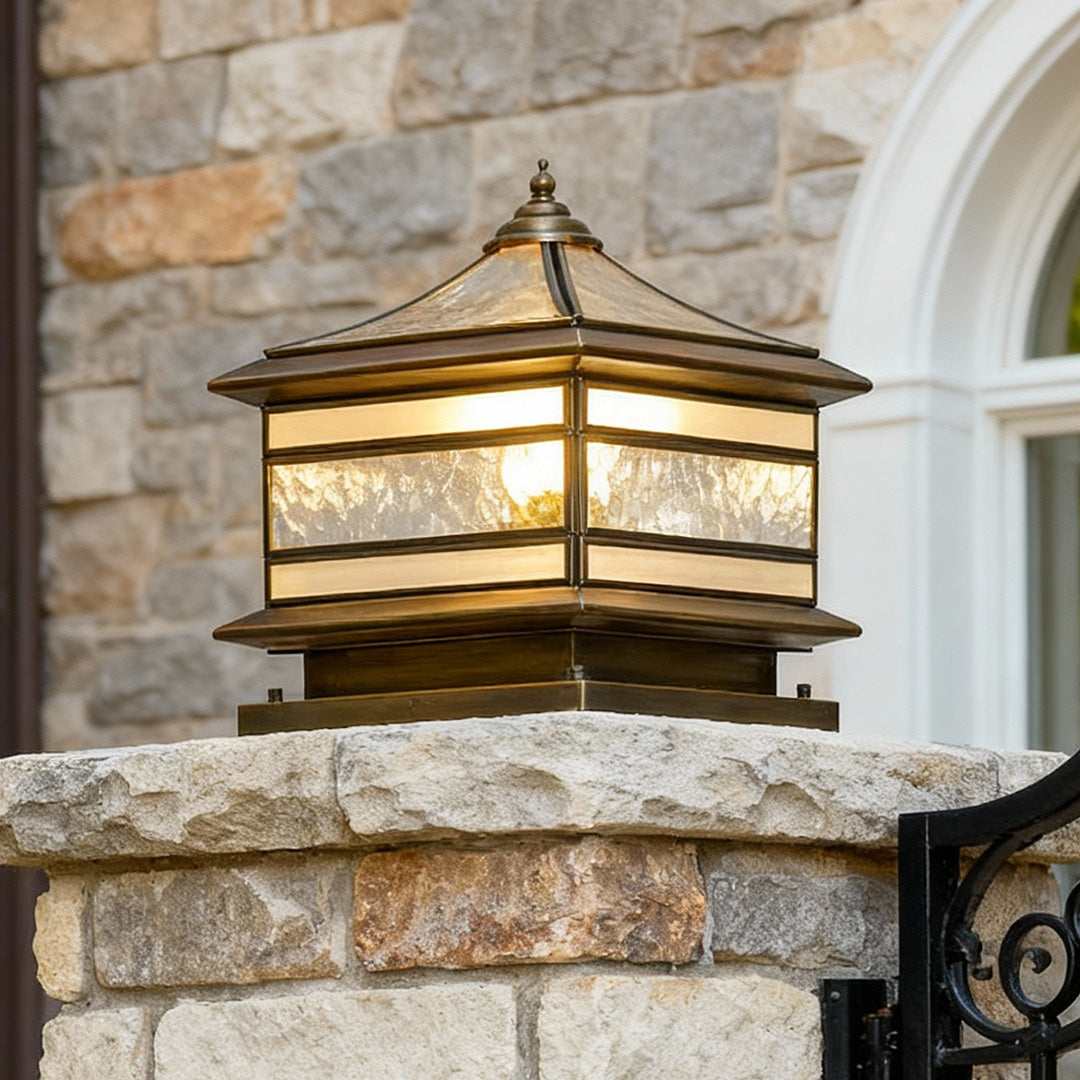 Retro Lantern Stone Pillar Solar Light — Copper & Glass, Dual Solar/Hardwired, IP54, E27, 3-Step Dimming