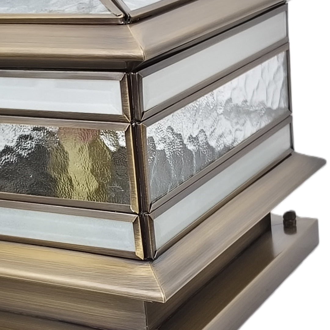 Retro Lantern Stone Pillar Solar Light — Copper & Glass, Dual Solar/Hardwired, IP54, E27, 3-Step Dimming
