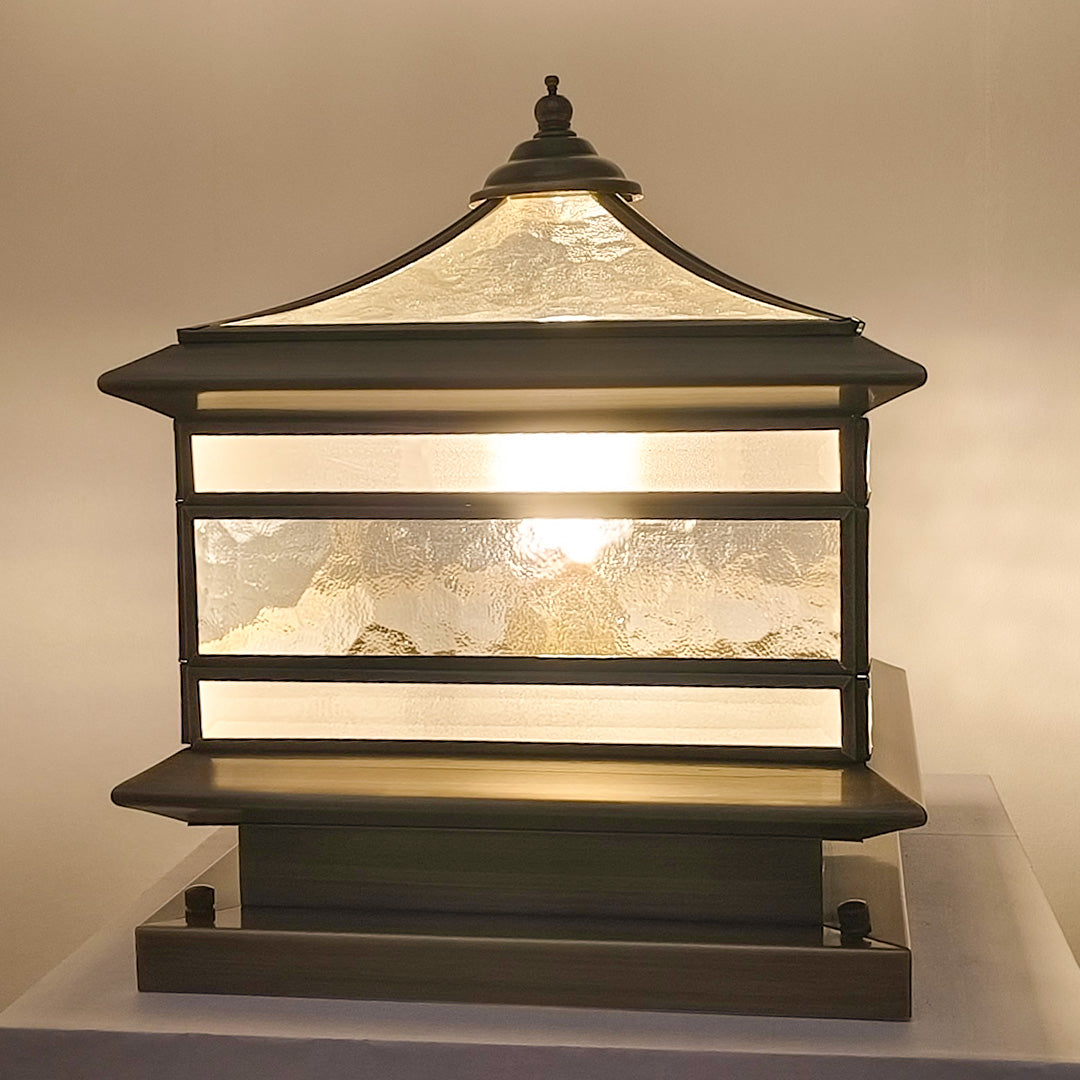 Retro Lantern Stone Pillar Solar Light — Copper & Glass, Dual Solar/Hardwired, IP54, E27, 3-Step Dimming