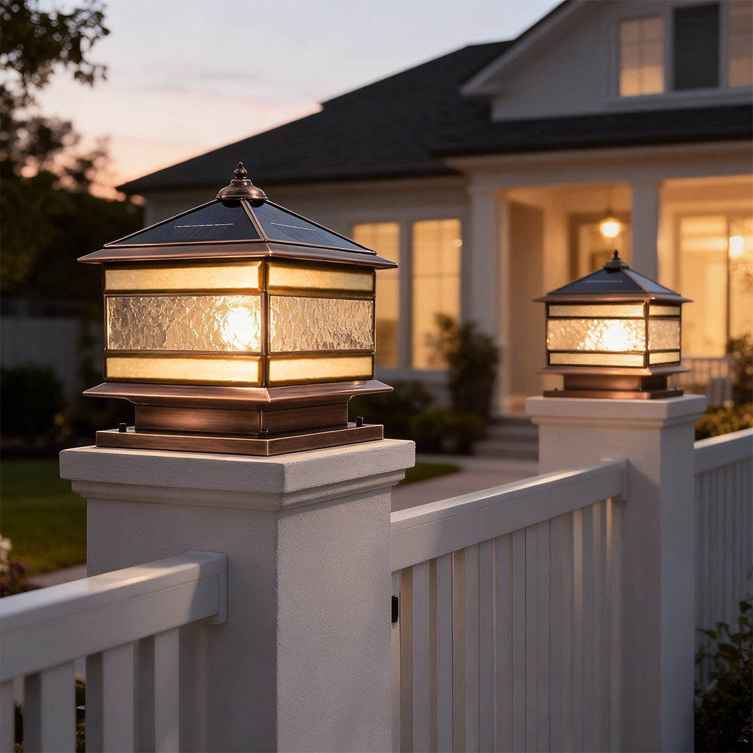Retro Lantern Stone Pillar Solar Light — Copper & Glass, Dual Solar/Hardwired, IP54, E27, 3-Step Dimming