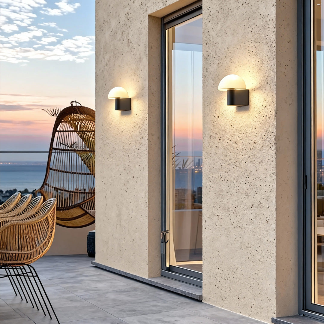 Geometric Hemisphere Outdoor Wall Sconce — Black Stainless Steel, Frosted Glass, 1-Light, IP65, Hardwired