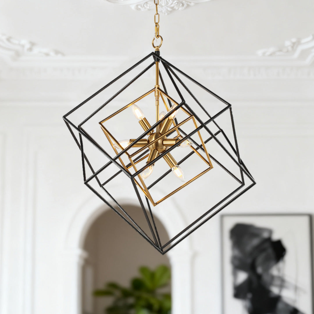 Industrial Square Pendant Light — Black and Gold Iron, Acrylic Shade, E12, Adjustable Chain, 26"