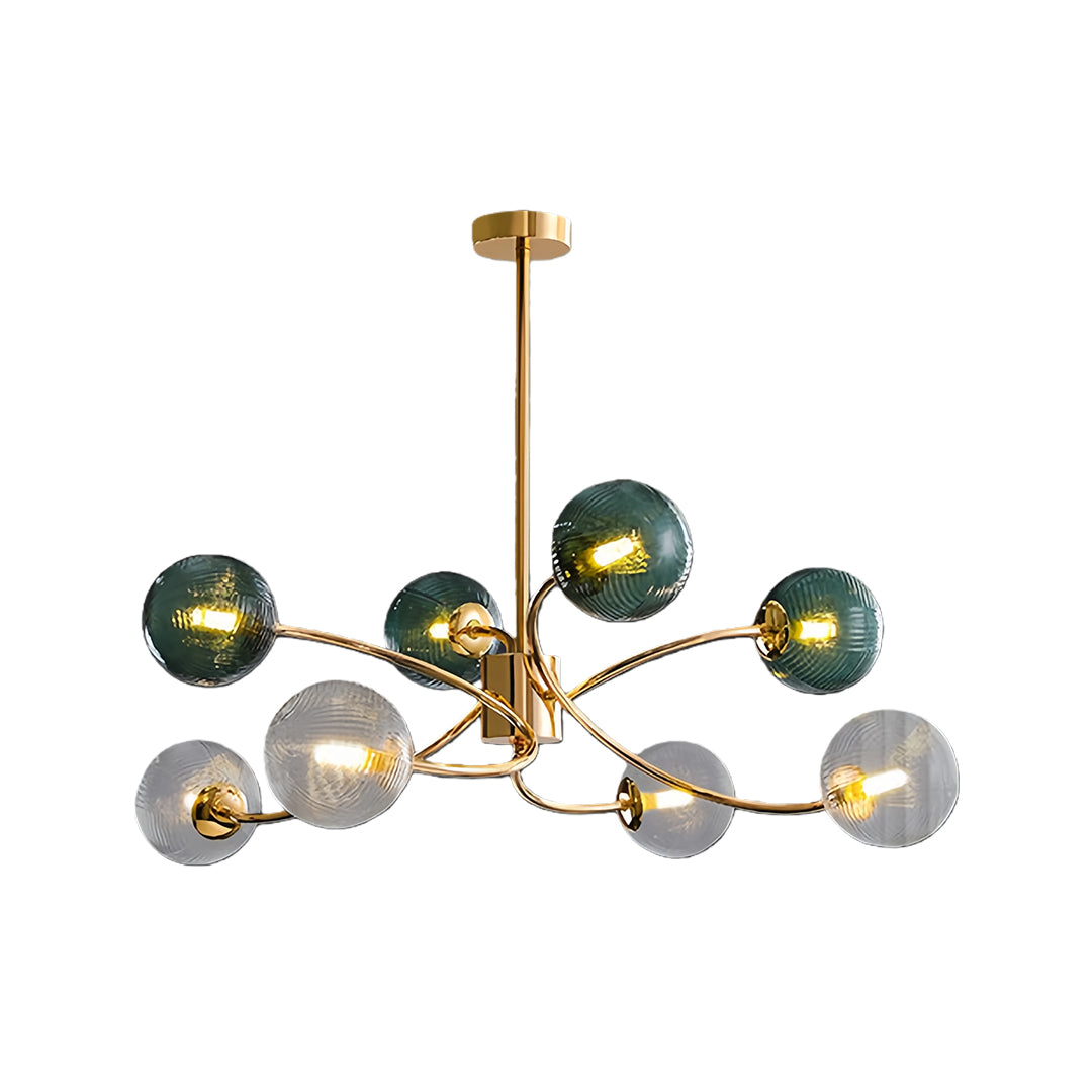 Tree Branch Flush-Mount Chandelier — Gold Iron, Clear Green Glass, 6-Light, 3-Step Dimming