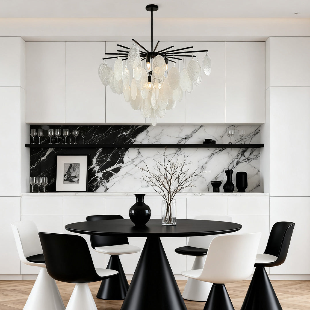 Minimalist Mother-of-Pearl Cone Chandelier — Matte Black Metal, Transparent Glass, Adjustable 36" Rod, E12