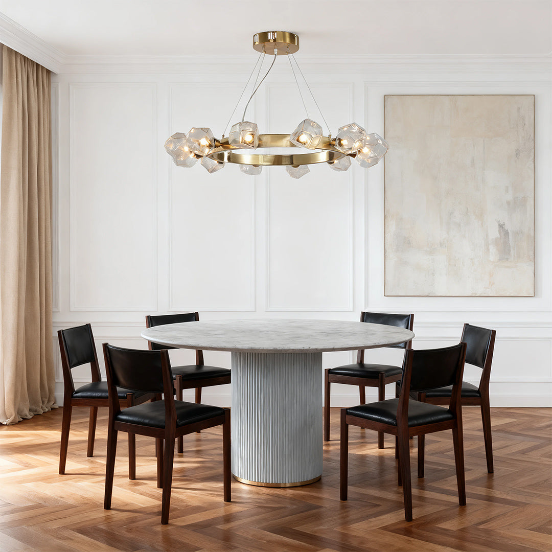 Polished Brass Ring Chandelier — Gold, Circular Geometric, Transparent Glass Shades, E12, 30.9" Diameter