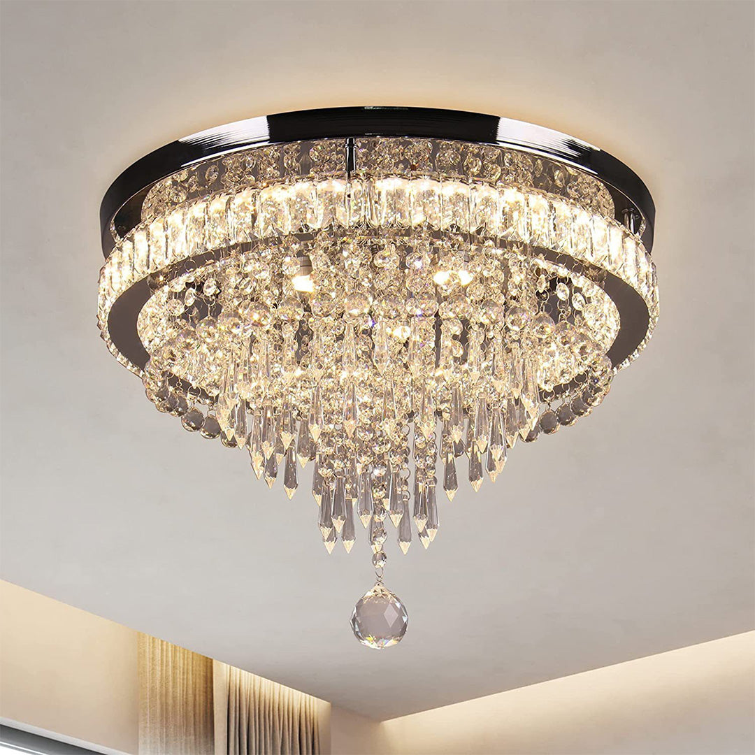 Round Crystal Flush-Mount Chandelier — Gold Stainless Steel, 55W LED, Four-Mode Dimming, 19.69"