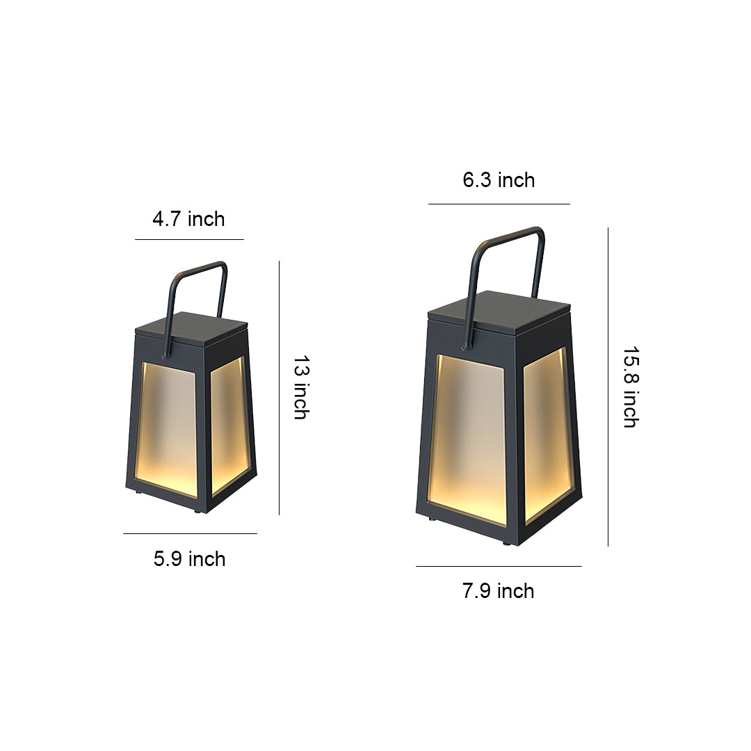 Portable Camping Lantern — Stainless Steel, Black, LED Warm Light, Solar or USB Rechargeable, IP65 Weatherproof, 13" & 15.8"