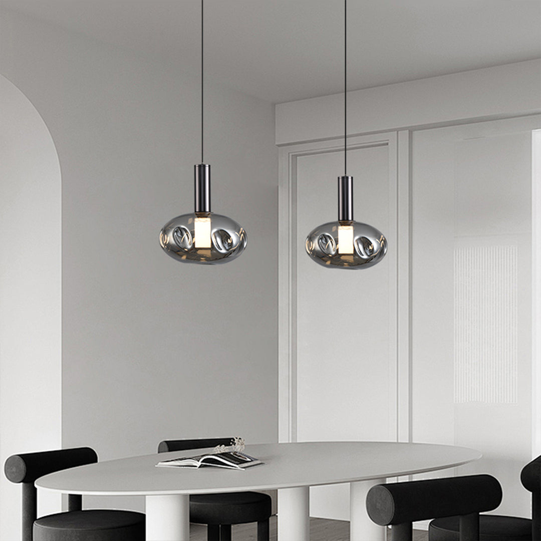 Minimalist Branch Drum Pendant Light — Wrought Iron, Smoke Grey Glass, Three-Color Dimming, Adjustable Chain