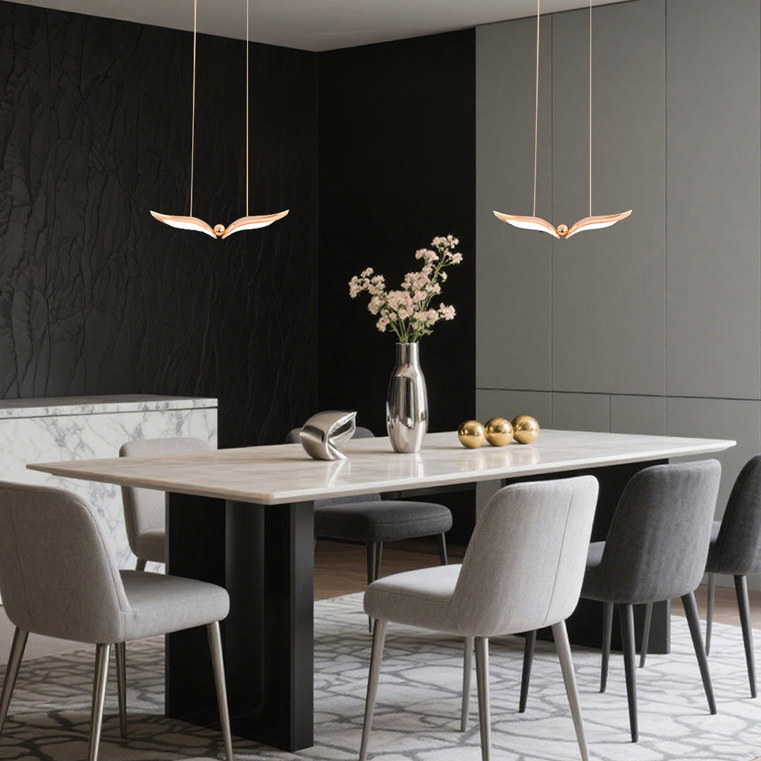 Seagull Multi-Light Pendant — Rose Gold Iron, Acrylic 3D Shadow, 1-, 3-, or 5-Head LED, Dual Color Temperature