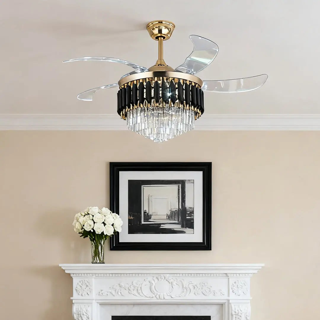 Luxury Black Ceiling Fan with Light and Transparent PC Blades, Iron Construction Luxe