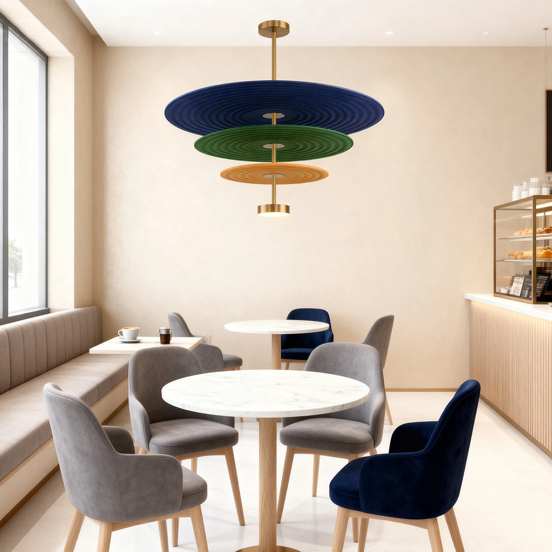 Three-Tier Acoustic Felt Chandelier — PET Felt and Iron, 12W LED, 4000K, 80/60/40cm Rings, Adjustable Hanging