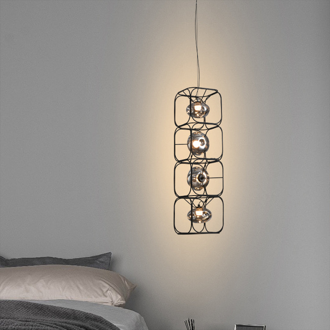 Magic Cube Caged Geometric Pendant — Black Iron, Smoked Glass, LED, 7W–28W, 1- to 4-Light