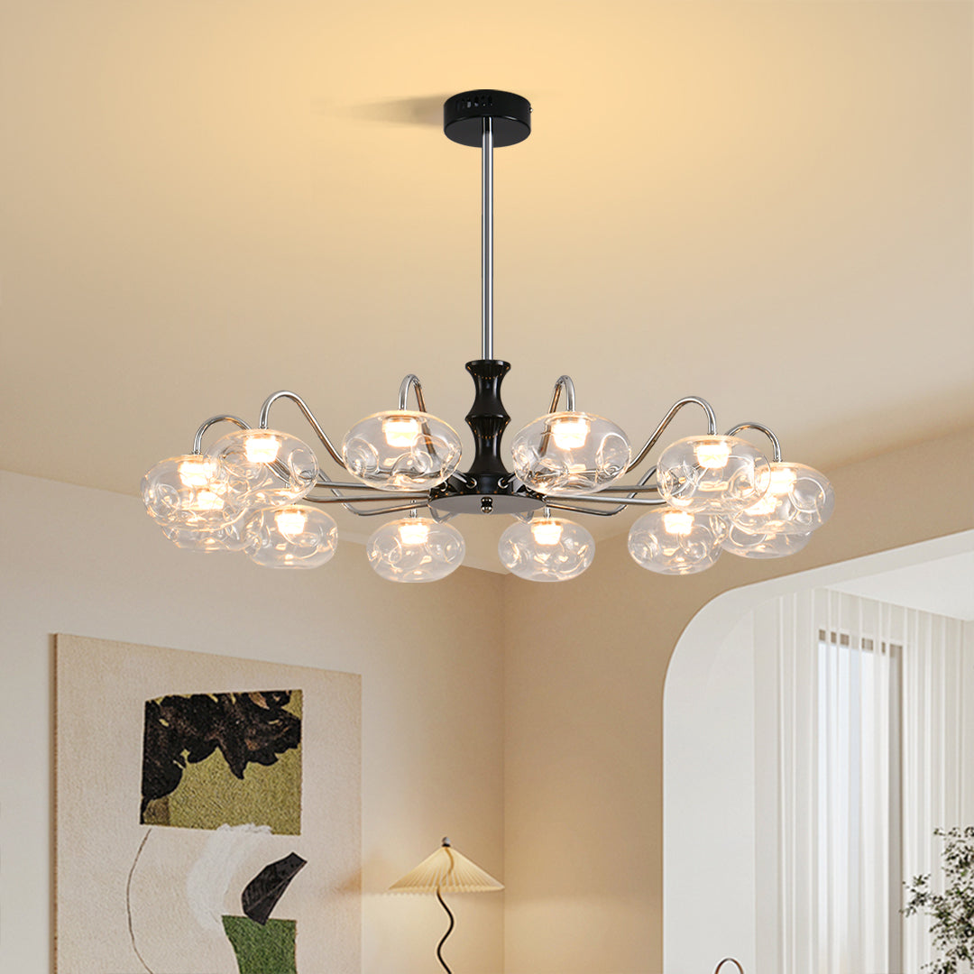 Magic Bean Art Glass Chandelier — Wrought Iron, Ribbed Glass, Full-Spectrum LED, 3-Color Dimming, 8-Light / 12-Light