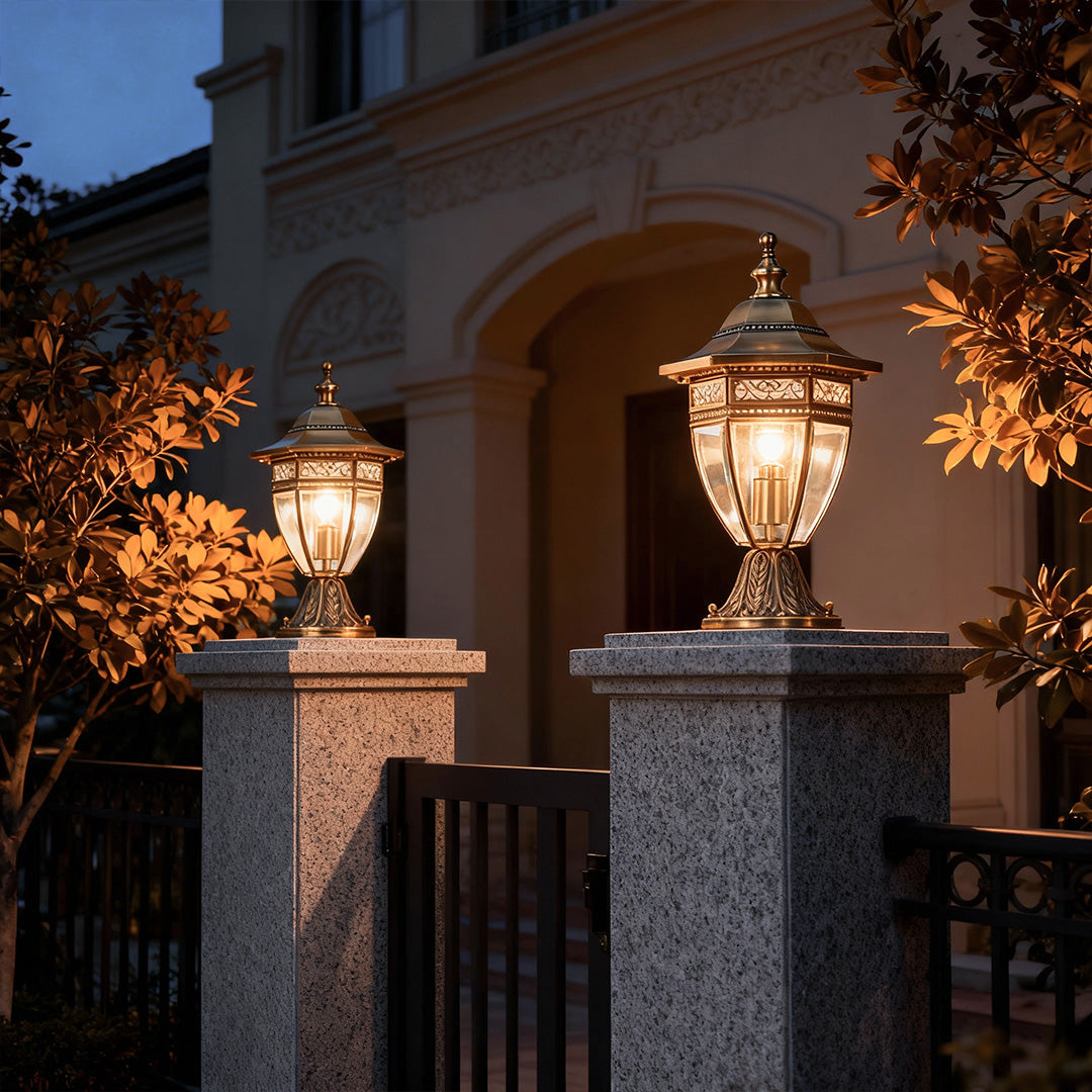 Classic Glass Outdoor Pillar Light — Solid Copper, Transparent Glass Shade, IP55 Weatherproof, E27/E14