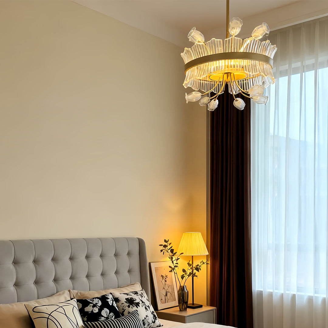 Blossom Chandelier — Gold-Plated Metal with Crystal Glass, 25W LED, 3000K, Adjustable 1.8m Cord, 20.5"
