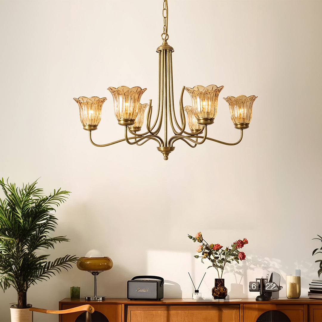 Vintage Gold Glass Chandelier — Full Copper Brass, 6-Light E14, 3-Step Dimming, 31"