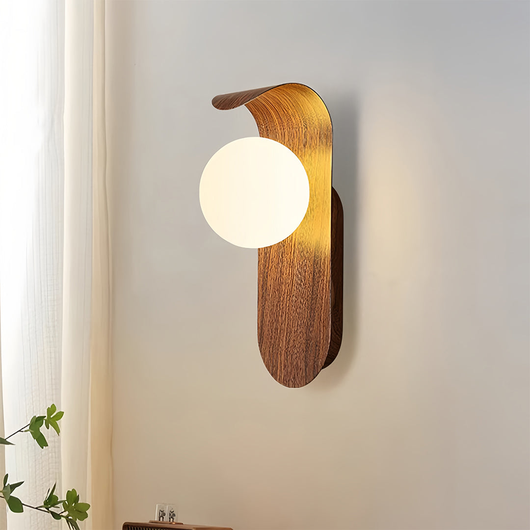 Mid-Century Minimalist Wood Grain Wall Sconce — Iron, Spherical Shade, G9, 5W, Three-Color Dimming