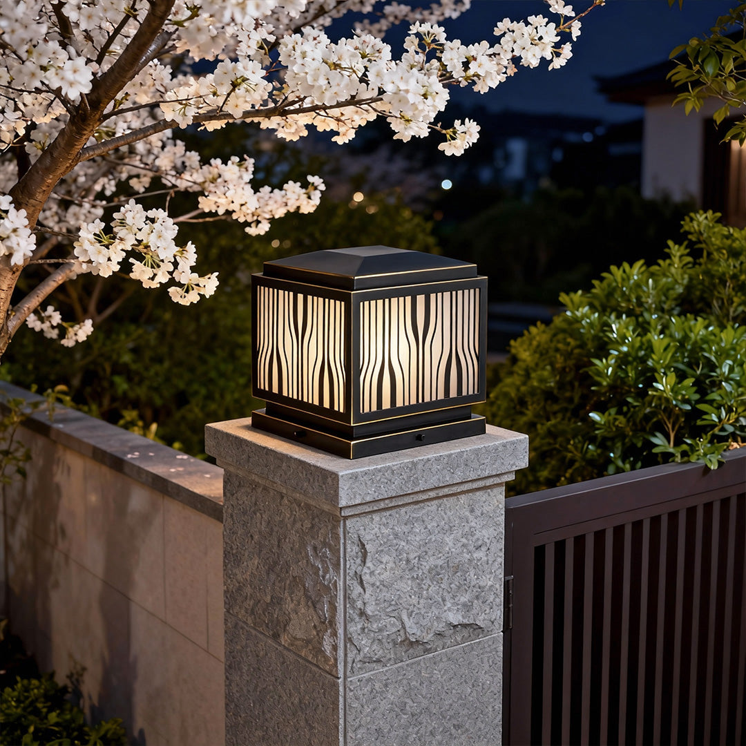 Minimalist Outdoor Solar Pillar Light — Full Copper, Wavy Stripe Glass Shade, E27, IP55, 9.84" Square