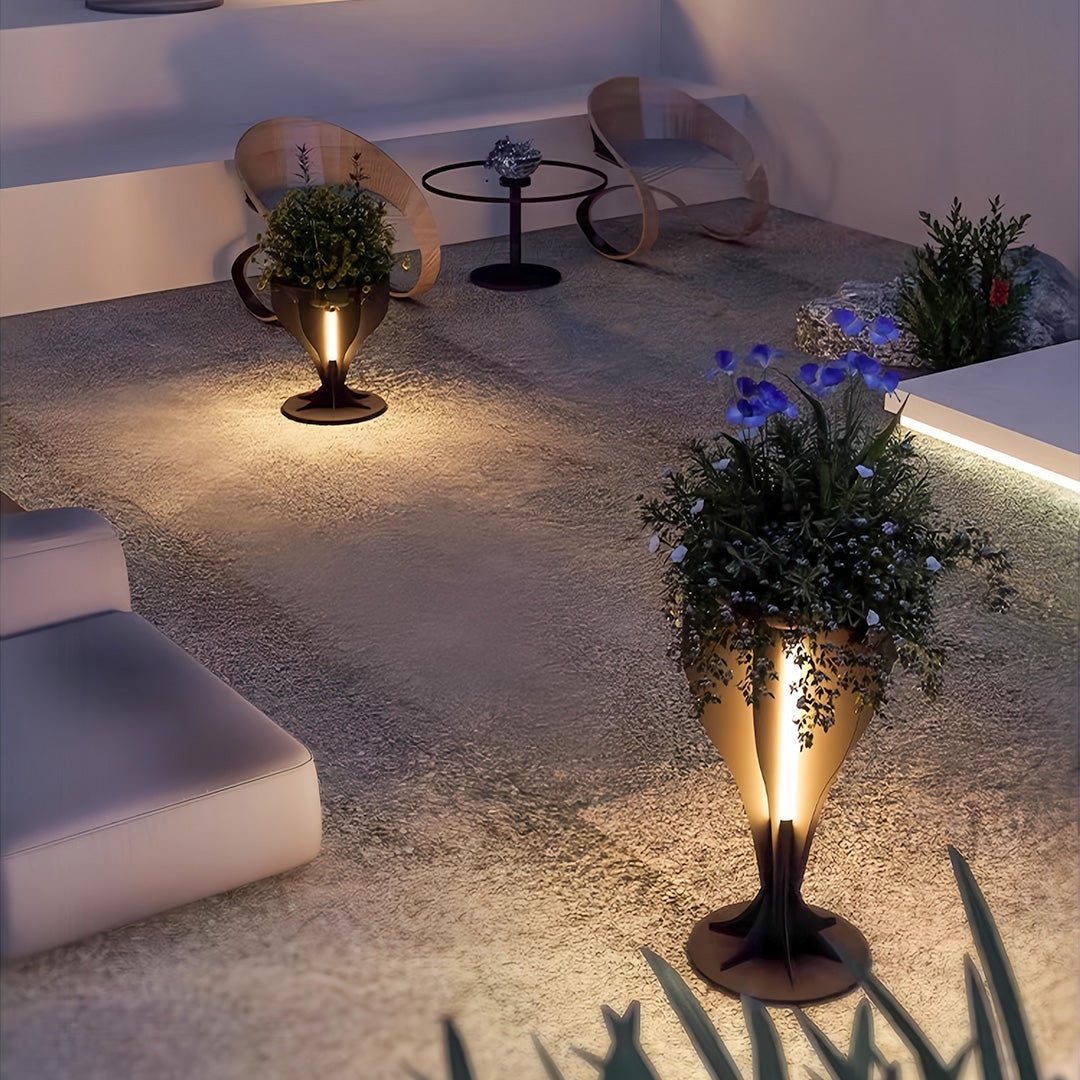 Openwork Lighted Outdoor Planter — Black Stainless Steel, Warm White LED, IP54, Hardwired or Solar, 18.9" or 32.3"