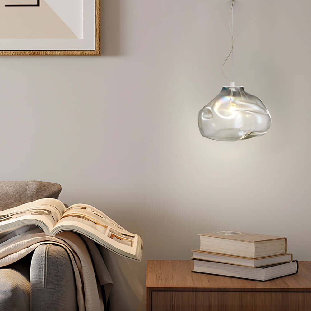 Hand-Blown Textured Glass Mini Pendant — Steel Wire, 12W 3000K, Available in Teal or Ash